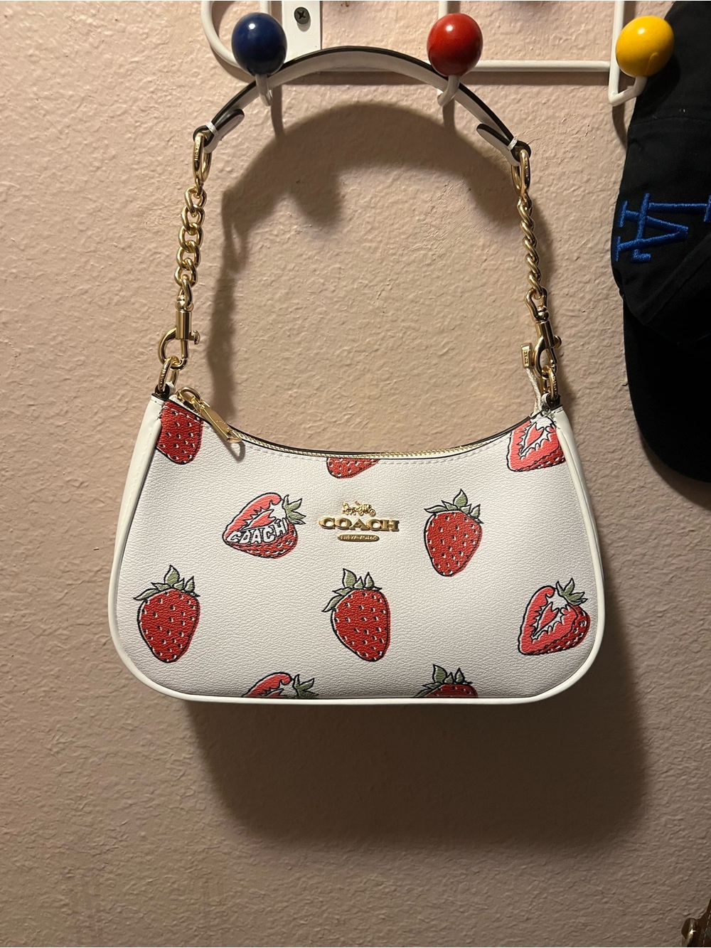 Coach White Strawberry Print Shoulder Bag with Gold Hardware